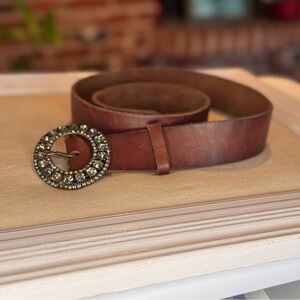 Rugby by Ralph Lauren Elegant Brown Genuine Leather Belt with Jeweled Buckle